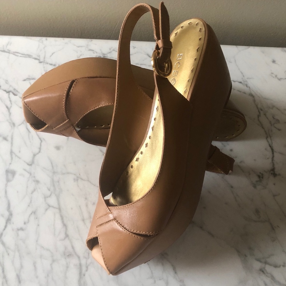 BCBGirls Tan Leather Platform Peep Toe Slingback